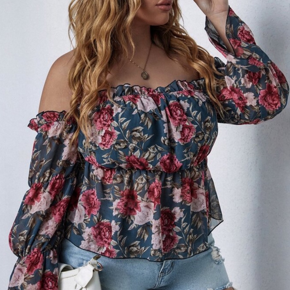 SHEIN Floral Off-Shoulder Blouse - Blue and Pink
